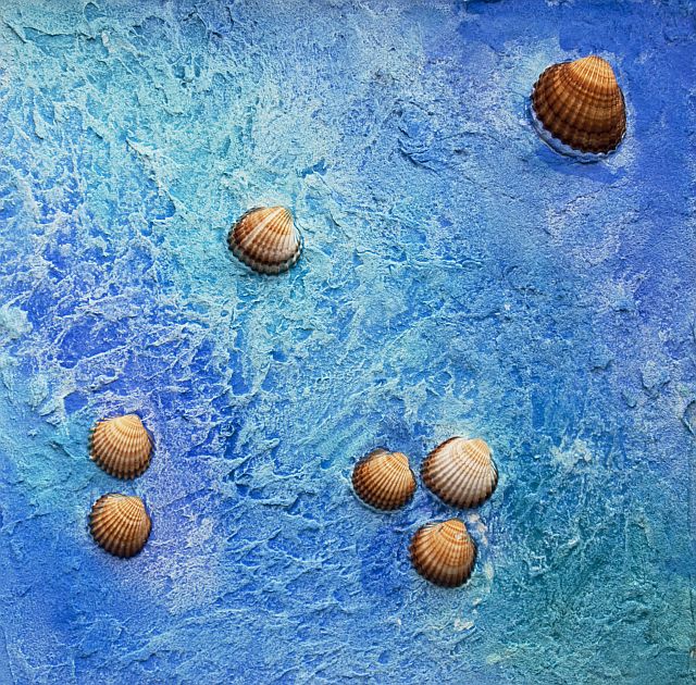 Niebieska ściana z fakturą wody ozdobiona siedmioma muszlami małży.